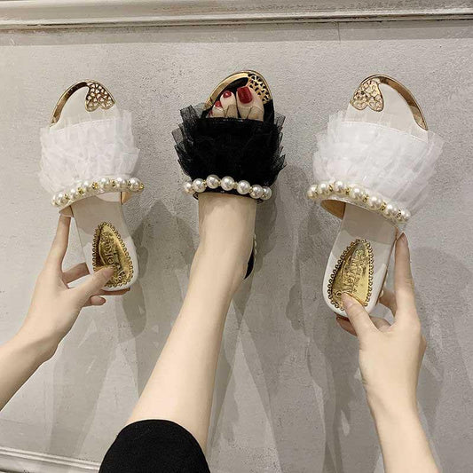 Plus Size 36-40 Summer Women Outdoor Flat Bohemian Beach Flip Flops Wear-resistant Non-slip Office Lady Lace Pearl Sandals