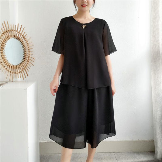 WTEMPO 2pcs/set Women's Plus Size Chiffon Shirt Shorts 2 Piece Set Spring and Summer Short Sleeve Loose Casual Two-piece Set