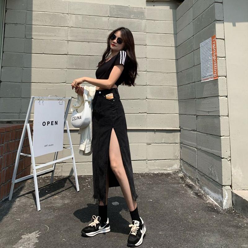 Denim Skirt Long Skirt Women Solid Split High Waist Over The Knee Hip Skirt Casual Club Home Office