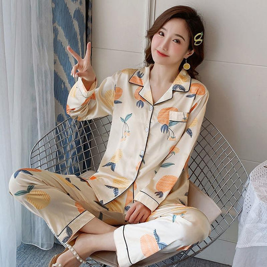 Pajamas Women's Spring and Autumn Ice Silk Long-sleeved Casual and Comfortable Ladies Thin Artificial Silk Pajamas Home Service Suit