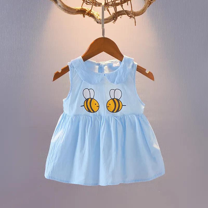 Baby Girl Summer Dress 0-5 Years Old Baby Skirt Round Neck Sleeveless Little Bee Pattern Cute Solid Color A-line Skirt Thin Section