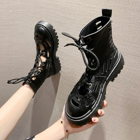 Women's Summer Thin Martin Boots Korean Style All-match Breathable Short Boots British Style Thick-soled Summer Hollow Sandals