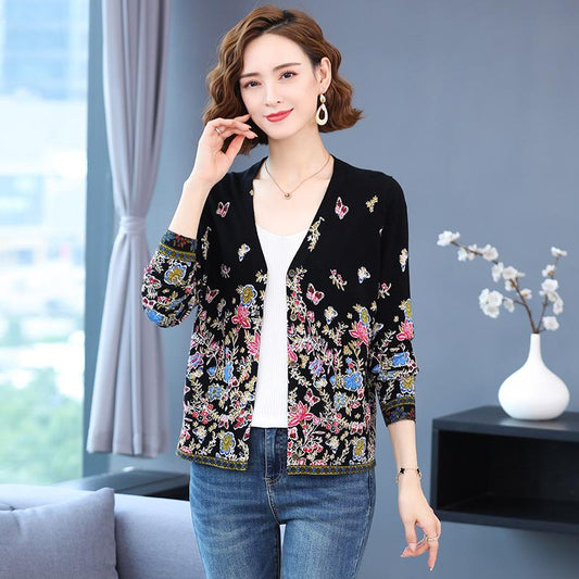 Autumn Winter Printed Cardigan Women's Plus Size Casual Sweater Coat High-end Wool Sweater