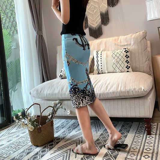 Women Gemetroc Printed High Waist Elasticity Slim Office Lady Pencil Skirts Summer Cool Breathable Knee-length Skirt with Slit