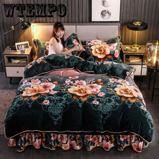 Bedroom Thick Warm Cotton Quilts Cover Home Luxury Printed Winter Flannel Quilted Bedding Set
