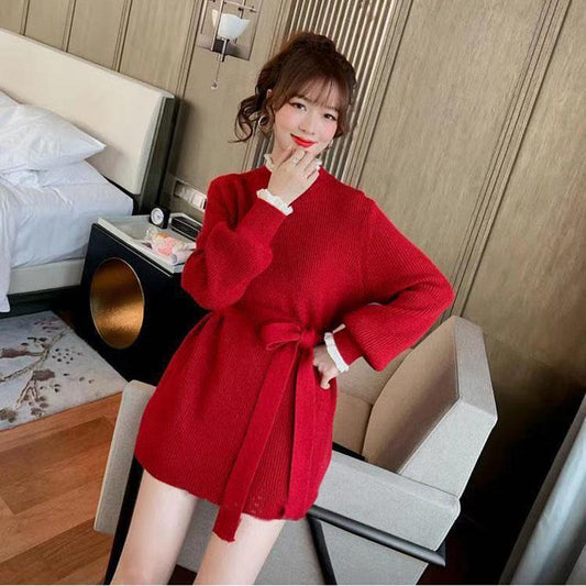 Autumn and Winter Knitted Sweater Mid-length Red Coat Lace Solid Color Female Student Top