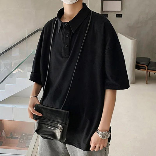 Short-sleeved T-shirt Boys Summer Loose Wild Student Half-sleeved Shirt Ins Trend Solid Color Lapel Top