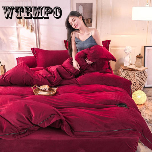 4pcs Fleece Bedding Set Lace Duvet Cover Flat Sheet Pillowcase Flannel Winter Warm Bed Linen