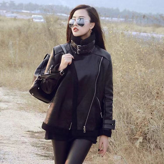 Autumn and Winter Thick Lamb Fur One Motorcycle Leather Jacket Large Size Stand Collar Ladies Cotton Jacket
