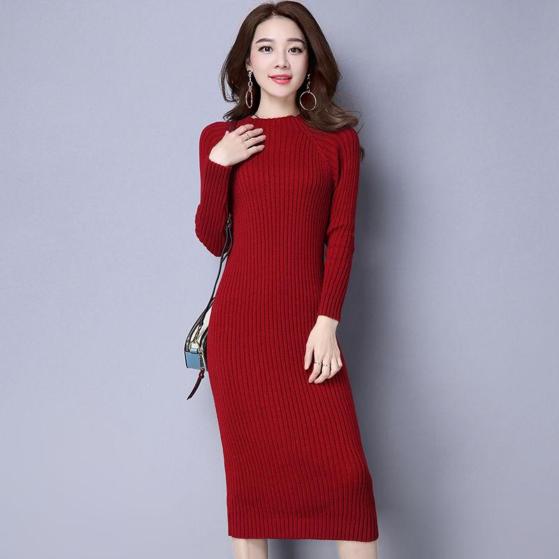 Thick and Warm Long-sleeved Knitted Dress In Autumn and Winter Korean Version of Slim and Thin Base Long Sweater Skirt