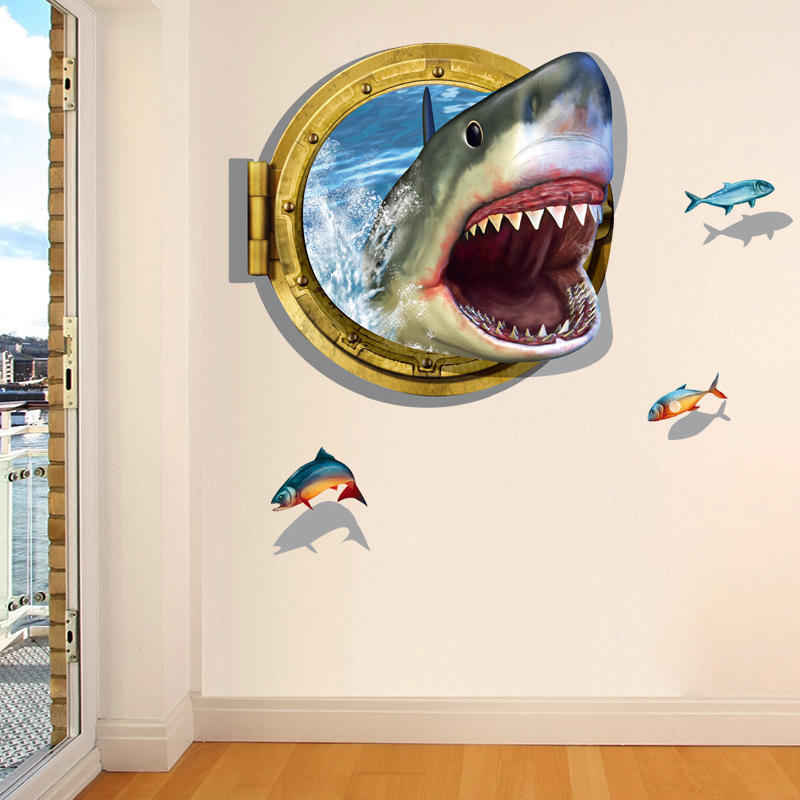Shark flat 3D sticker painting Living room sofa bedroom bathroom PVC removable wall sticker