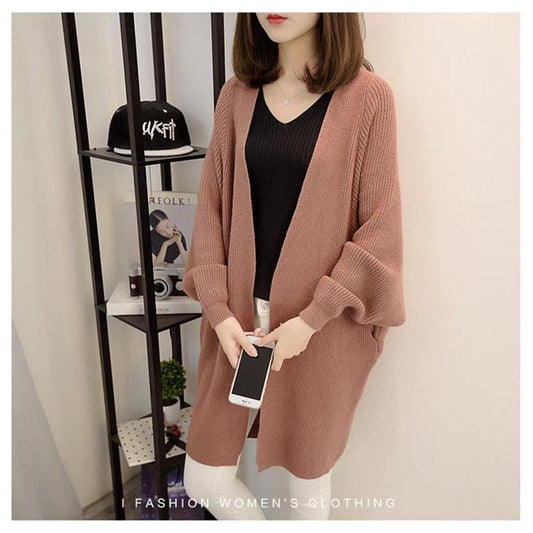 Simple Solid Color Mid-length Knitted Cardigan Jacket Spring and Autumn Women's Loose Bat Shirt with V-neck Top