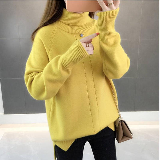 Women Black Turtleneck Thicken Warm Pullover Sweater Loose Office Short Bottoming Shirt