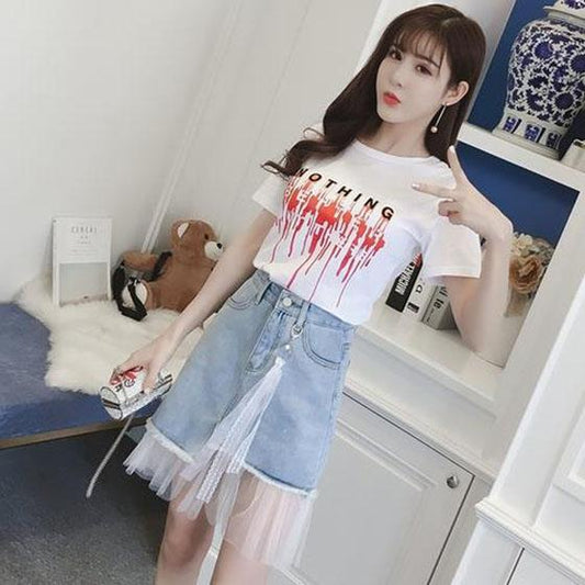 Women Summer Denim Stitching Mesh Tassel Irregular Short Skirt Vintage Slim Elegant Streetwear A-line Casual Skirt