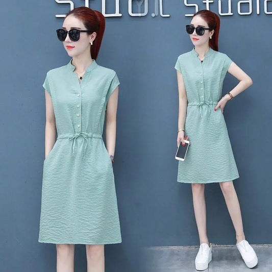 Women's Dress with Waist and Thin Temperament Simple and Casual A-line Skirt Women's Mid-length Temperament and Waist Dress