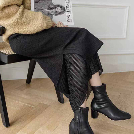 Both Sides Can Be Worn Pleated Split Knit Skirt Women's Autumn and Winter with Sweater Mid-length High Waist Bag Hip Skirt Mesh Skirt