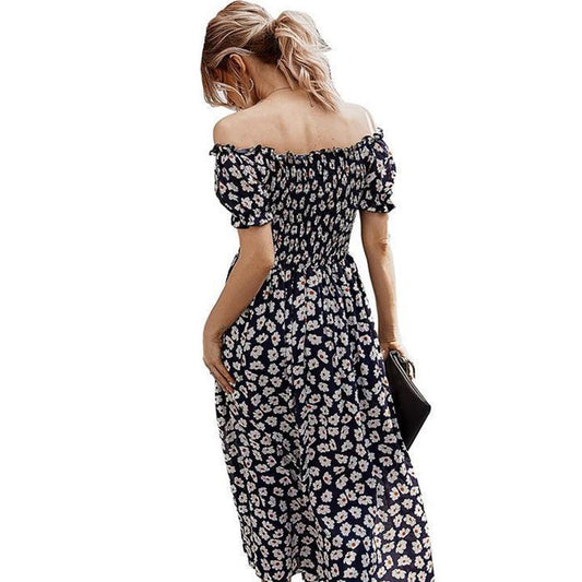 One-shoulder Dress Large-size Floral Dress Waist Slimming Slim Floral Skirt Puff Sleeve Large-size Dress Fabric Refreshing and Breathable