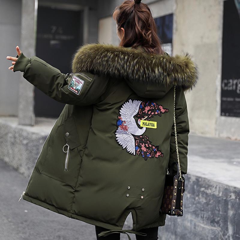 Women Parkas Winter Jacket Mid-length Thickening Coats Fur Collar Hooded Coat Cotton Jackets Loose Casual Outwear Embroidery Black White Clothes