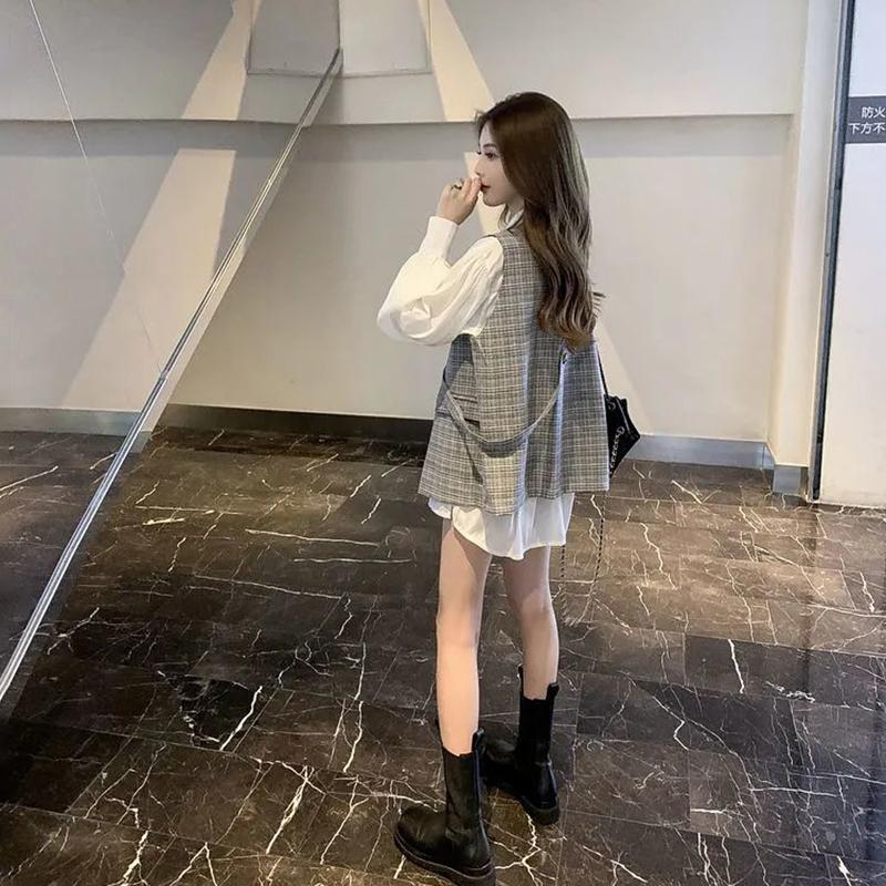 Temperament Small Fragrant Wind Waistcoat Jacket Women's Plaid Suit Waistcoat Jacket Casual Loose Single Button V-neck Waistcoat Sweet Wind