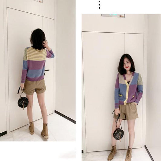 Color-block Knit Sweater Long-sleeved Loose V-neck Sweater Cardigan Jacket Female Spring and Autumn Korean Version of All-match Thin Top