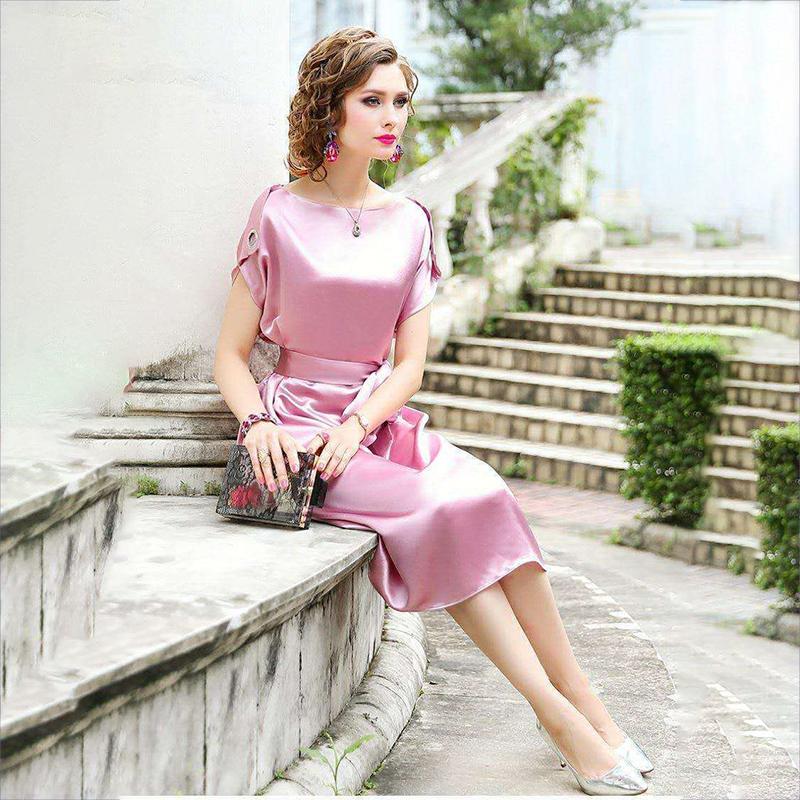 Plus Size S-XXXXXL Summer Mid-length Silky Satin Ladies Dress Short-sleeved Over-the-knee Dress Free Belts of The Same Color