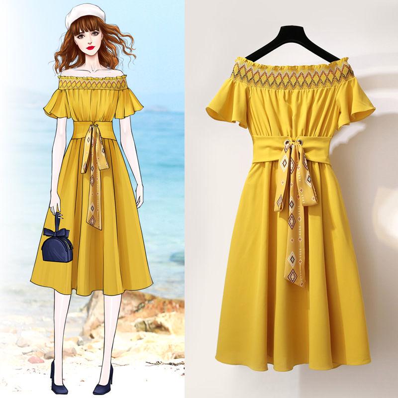 Pofulove Off-the-shoulder Dress Summer Party Dress Retro Chiffon Skirt Long A-line Dress with Belt