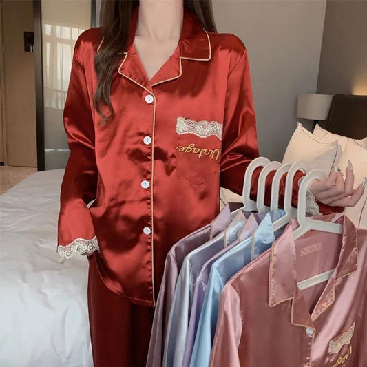 Women's Spring Autumn Long-sleeved Pajamas Set Thin Ice Silk Embroidered Homewear Sexy Simulation Silk Casual Suit Outer Wear Pyjamas Sleeping Suit