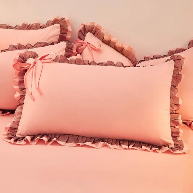 Lace Pillowcase Korean Version of Bowknot A Pair of Skin-friendly Brushed Pillowcases Fashion Solid Color Pillowcase Inner Liner Cover