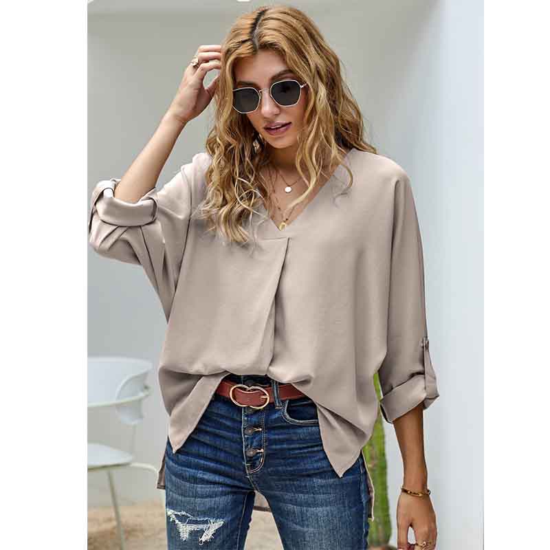 Chiffon Shirt Women's Spring and Summer Sexy V-neck Loose Large Size Shirt Fashion Long-sleeved Top