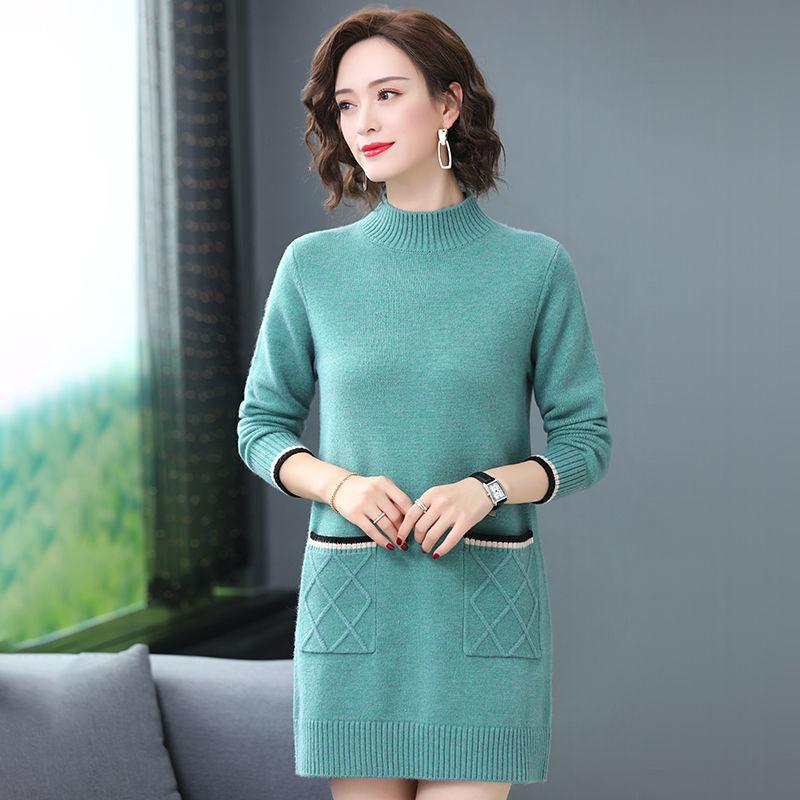 Autumn and Winter Mid-length Loose Dress Thickened Half High Neck Knitted Base Skirt Simple Casual Women Sweater Dress