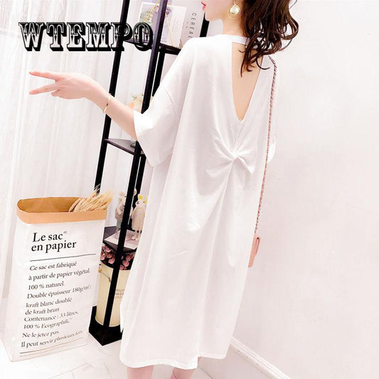 2019 Summer Korean Casual Women Dress Loose Cotton O Neck Short Sleeve Tshirt Dress Plus Size