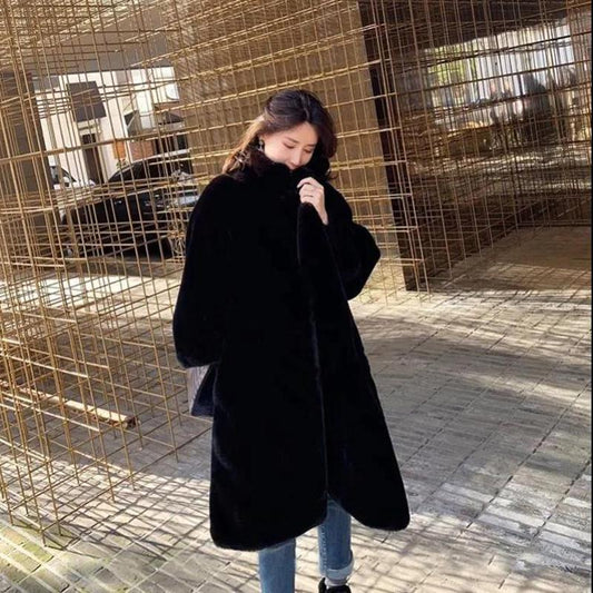 New Autumn and Winter Artificial Mink Fur Loose Coat Ladies Lamb Fur Coat Mid-length Warm and Cold-proof Plus Velvet Coat Plus Size Women's Clothing
