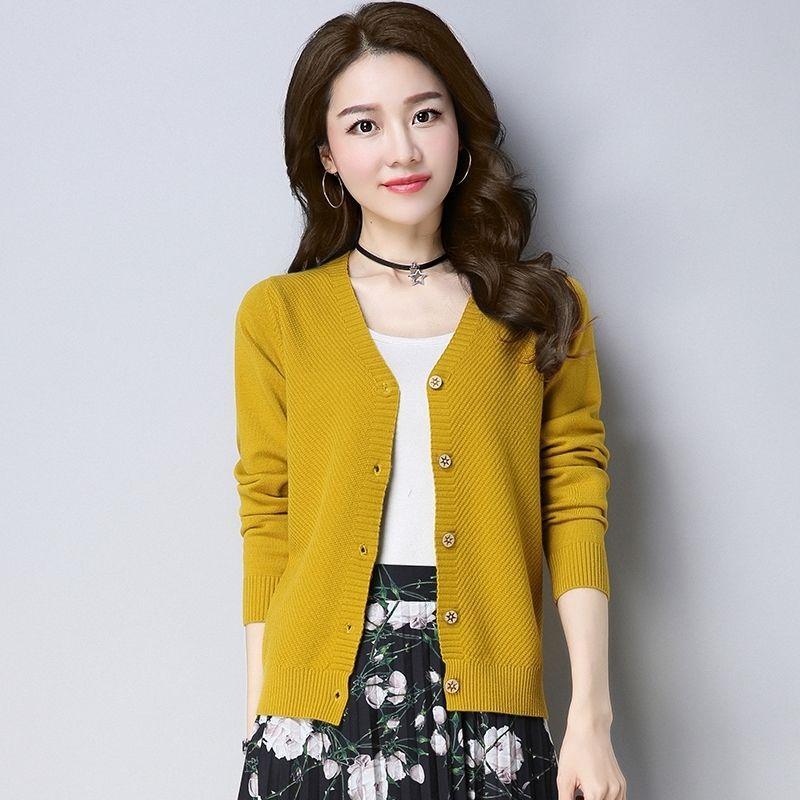 Spring and Autumn Knit Solid Color Cardigan Long Sleeve V-neck Sweater Short Solid Color Coat