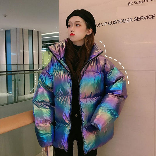 Women's Short Down Jacket Colorful Bright Surface Loose Padded Bread Jacket Cotton Jacket