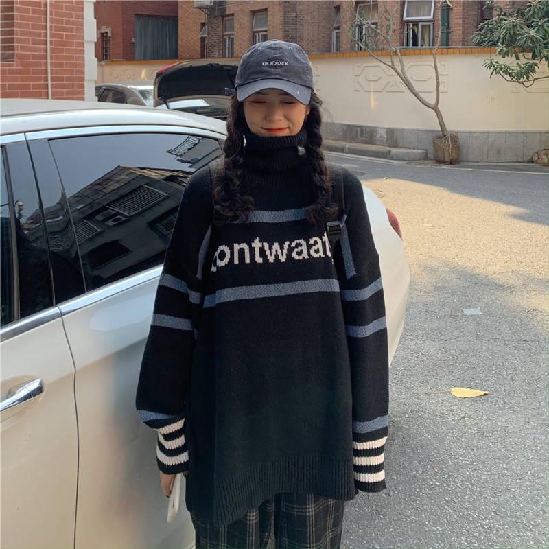 Turtleneck Color Matching Alphabet Sweater Schoolgirl Loose Wild Thick Sweater Winter Coat