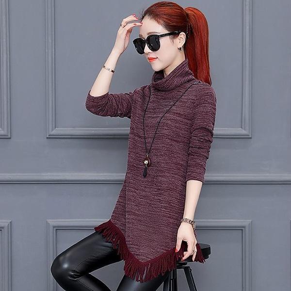 Spring and Autumn Turtleneck Large Size Women's Long Sleeve Fringed Knit Sweater Mid-length Slim Bottoming Shirt