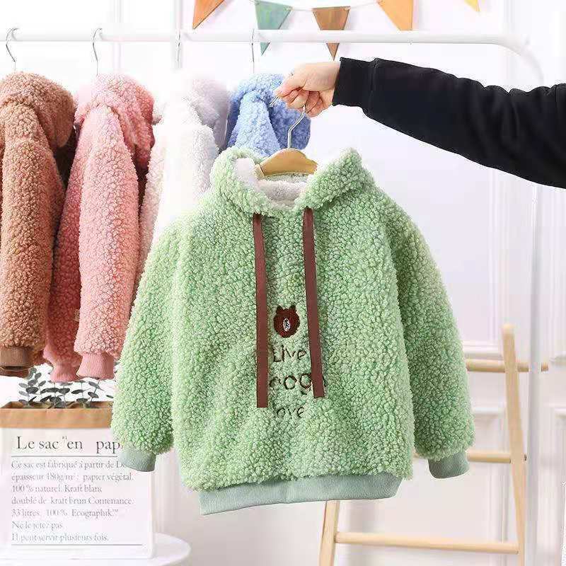 Autumn and Winter Girls' Korean Version of Lamb Velvet Sweater Hooded Long-sleeved Pullover Plus Velvet Thickening