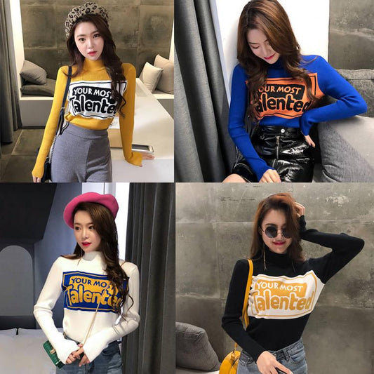 Funky Letter Knitwear Turtleneck Slim Fit Bottoming Shirt Solid Color Pullover Sweaters Top