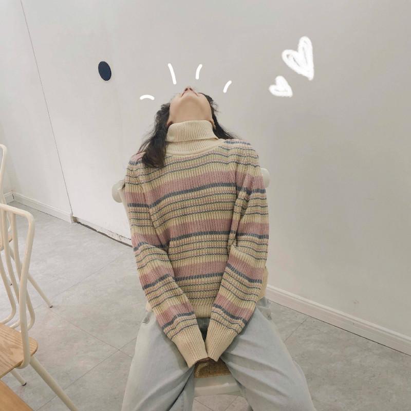 Pofulove Turtleneck Crew Neck Autumn Winter College Style Loose Long-sleeved Strip Sweater Pullover