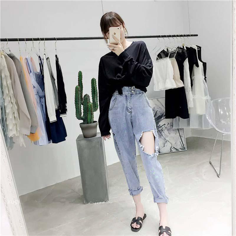WTEMPO Pants Women's Hole Society Loose Light Color Beggar Harem Pants Korean High Waist Cropped Jeans