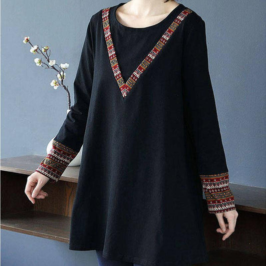 Women's Fashion Casual Tops Splicing Ethnic style Long Sleeve Ladies Loose O-Neck Sweatshirt Pullovers