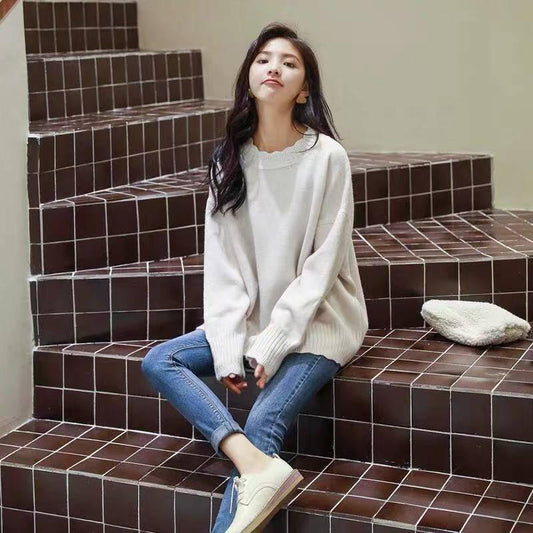 Autumn and Winter Sweater Women's Hedging Loose Solid Color Petal Collar Base Sweater