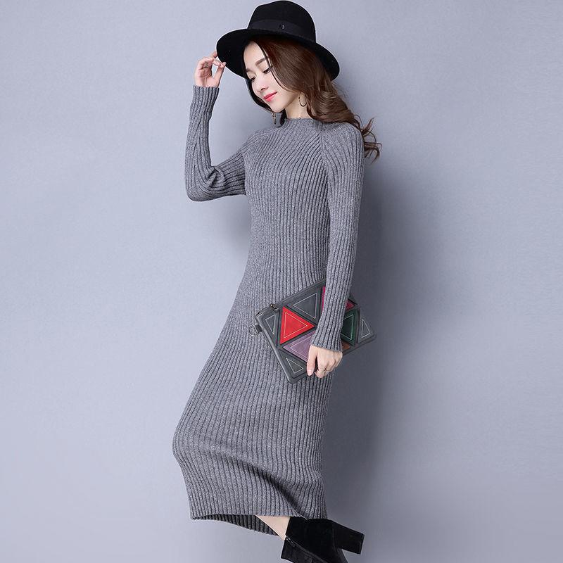 Knitted Round Neck Dress Long Sleeves Autumn and Winter Slim Slimming All-match Base Long Sweater Dress Knee-length Warm