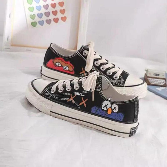Graffiti Canvas Shoes Women's Korean Student Flat Shoes Retro Port Style Harajuku Sneakers
