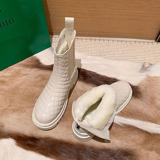 Fur Snow Boots Women's Thick-soled Plus Velvet Warm Cotton Boots In Tube Martin Boots Leather Back Zipper Diamond Short Boots