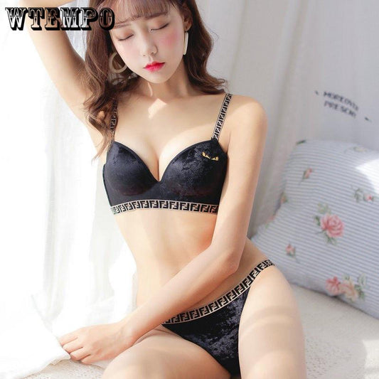 Fashion Solid Push Up Bra Sexy Lingerie Sexy Women Ring Hollow Velvet Lingerie Set Bra With