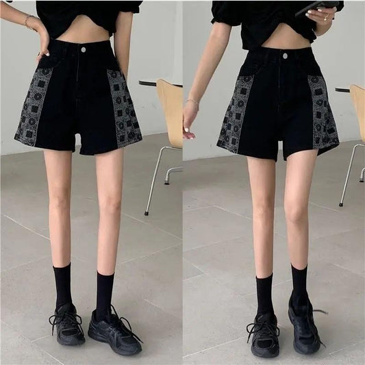 Women's Black Denim Shorts Summer Straight High-waisted Wide-leg Pants Plus Size Fat Girls Thin A-line Shorts