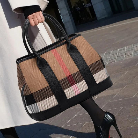Leather Bag Ladies Trend Large Capacity Plaid Canvas Handbag All-match Commuter Shoulder Messenger Bag