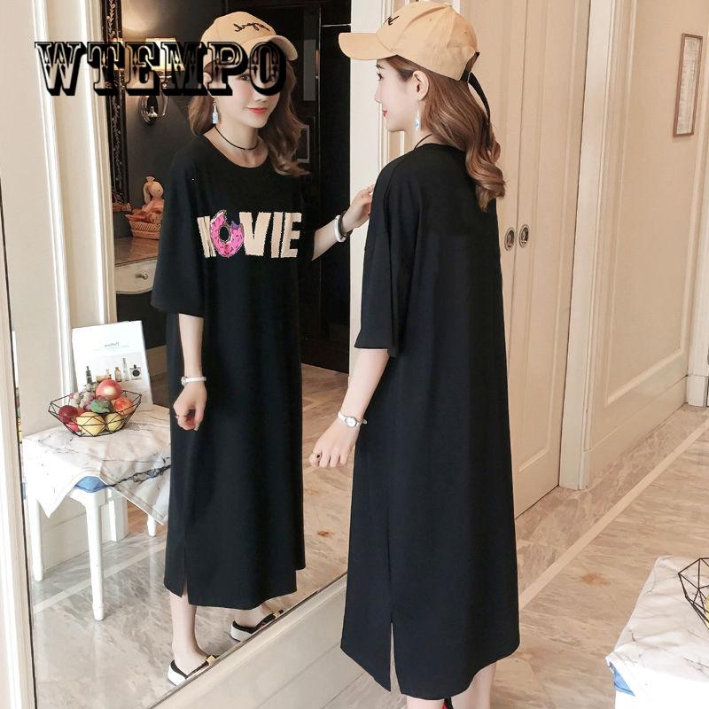 New Summer Women Casual Cute Short Sleeve Letter Print Dresses Loose Plus Size Long T Shirts
