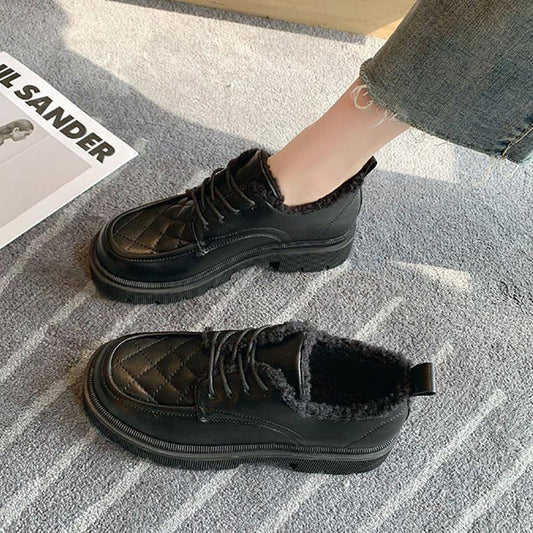 British Small Leather Shoes Women Winter Plus Velvet Warm Cotton Shoes Thick-soled Leather Shoes Waterproof and Non-slip